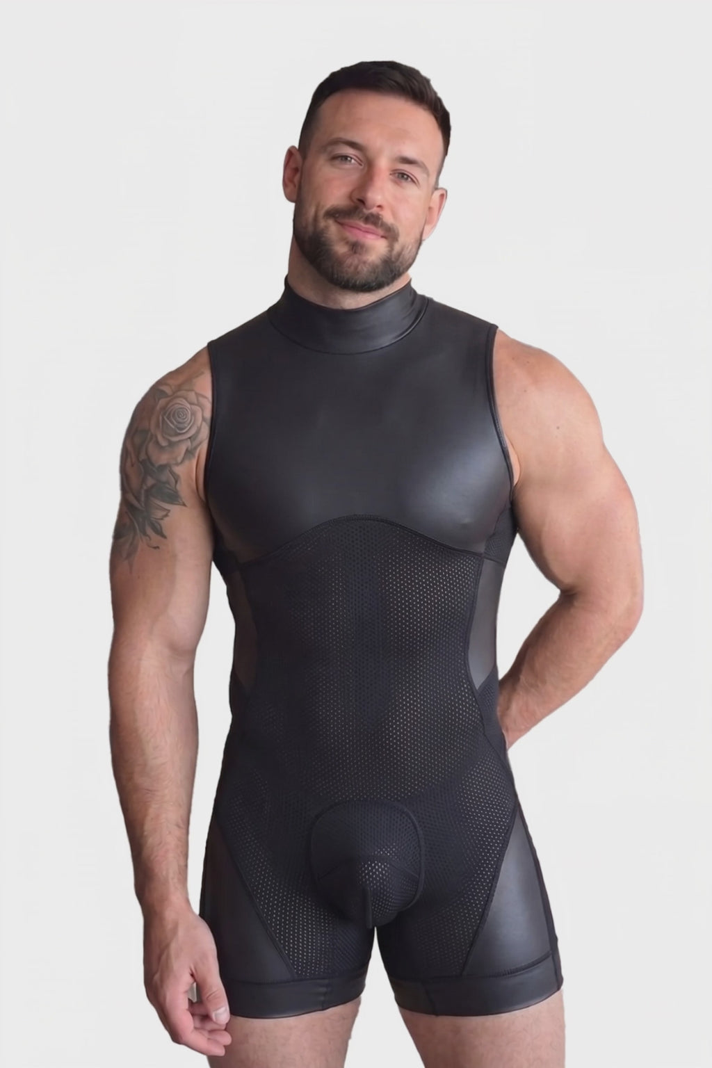 Joyglove Men's Mock Neck Leather and Transparent Leather Singlet Bodysuit