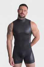 Joyglove Men's Mock Neck Leather and Transparent Leather Singlet Bodysuit