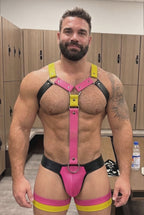 Joyglove Men's PU Leather Body Harness Set - Cyberpunk Tri-Color Pink & Yellow T-Strap Chest Harness with Matching Thigh Ring Jockstrap 2-Piece Rave Outfits