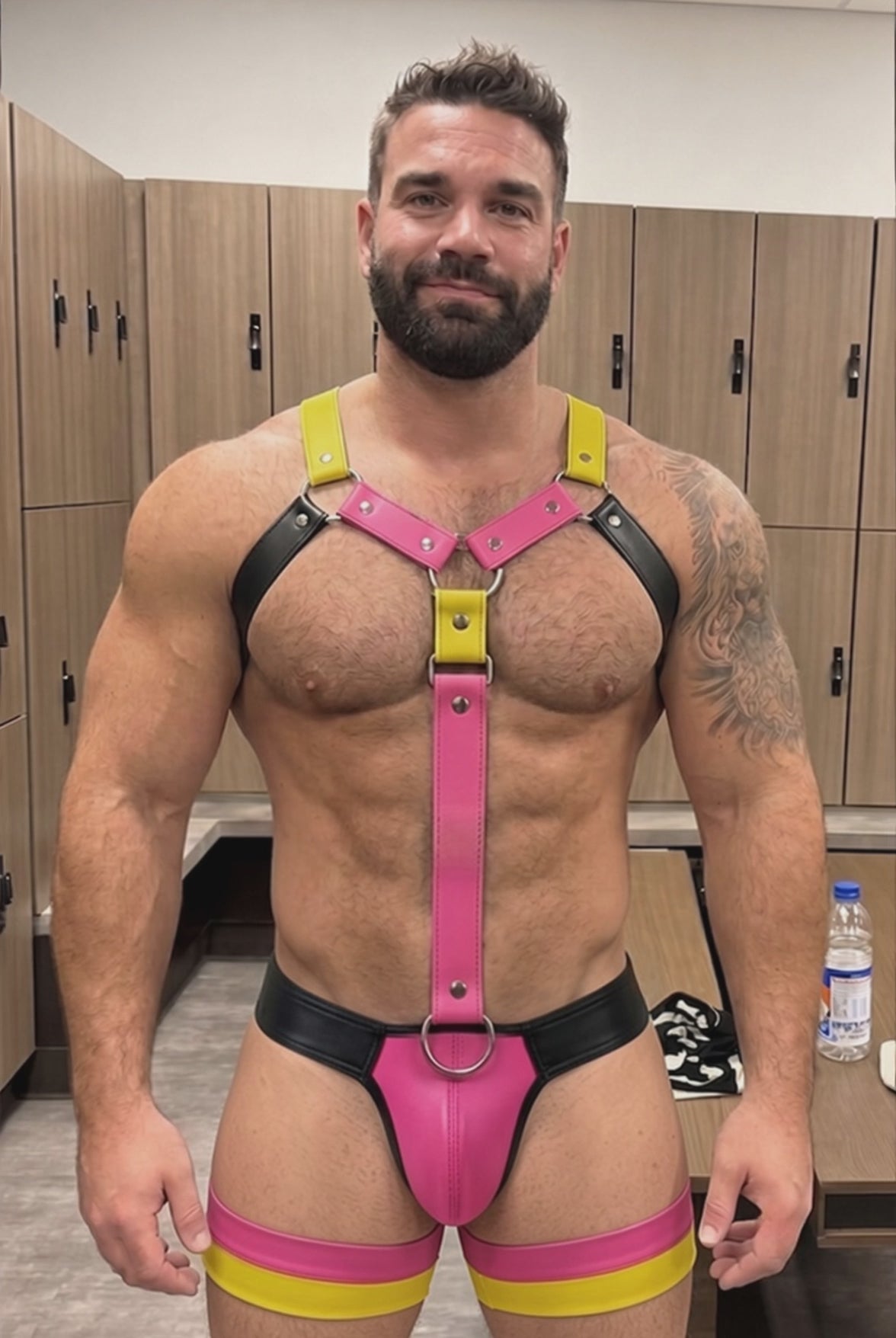 Joyglove Men's PU Leather Body Harness Set - Cyberpunk Tri-Color Pink & Yellow T-Strap Chest Harness with Matching Thigh Ring Jockstrap 2-Piece Rave Outfits
