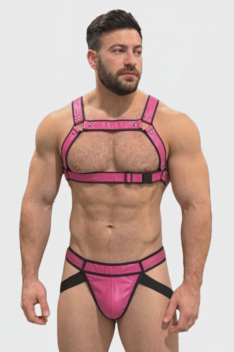 Joyglove Pink Leather BDSM Harness Set for Men - Adjustable Chest Harness with Jockstrap
