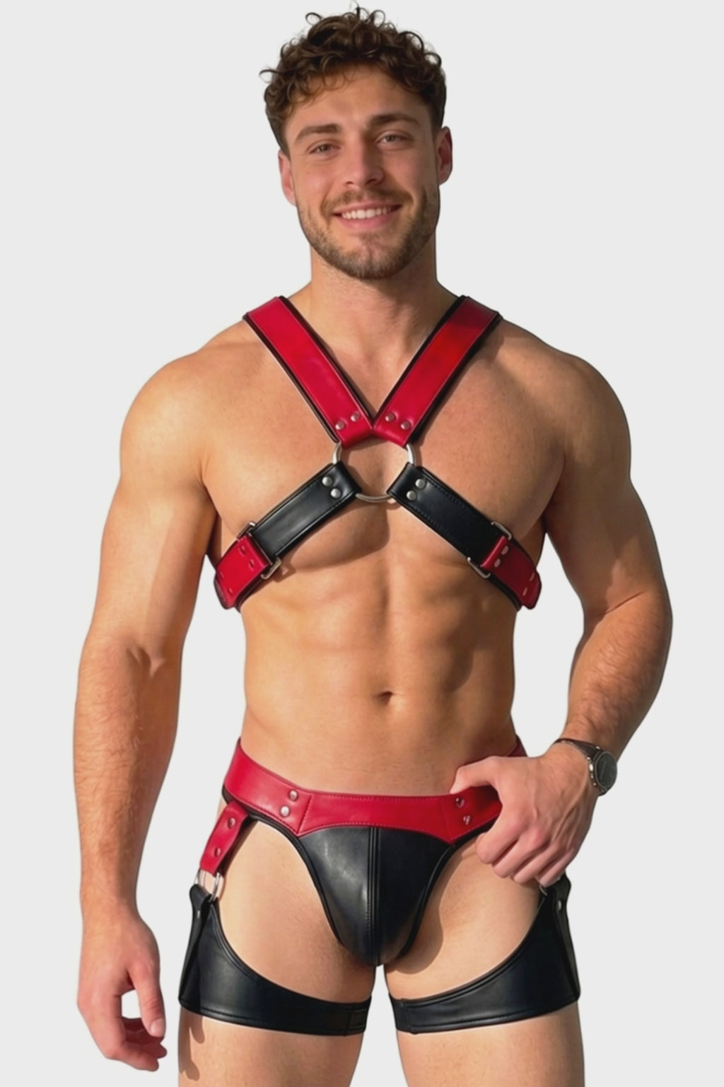 Inferno Onyx Two-Tone Men's Bondage Harness & Geometric Leg-Strap Jock Set
