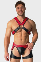 Inferno Onyx Two-Tone Men's Bondage Harness & Geometric Leg-Strap Jock Set