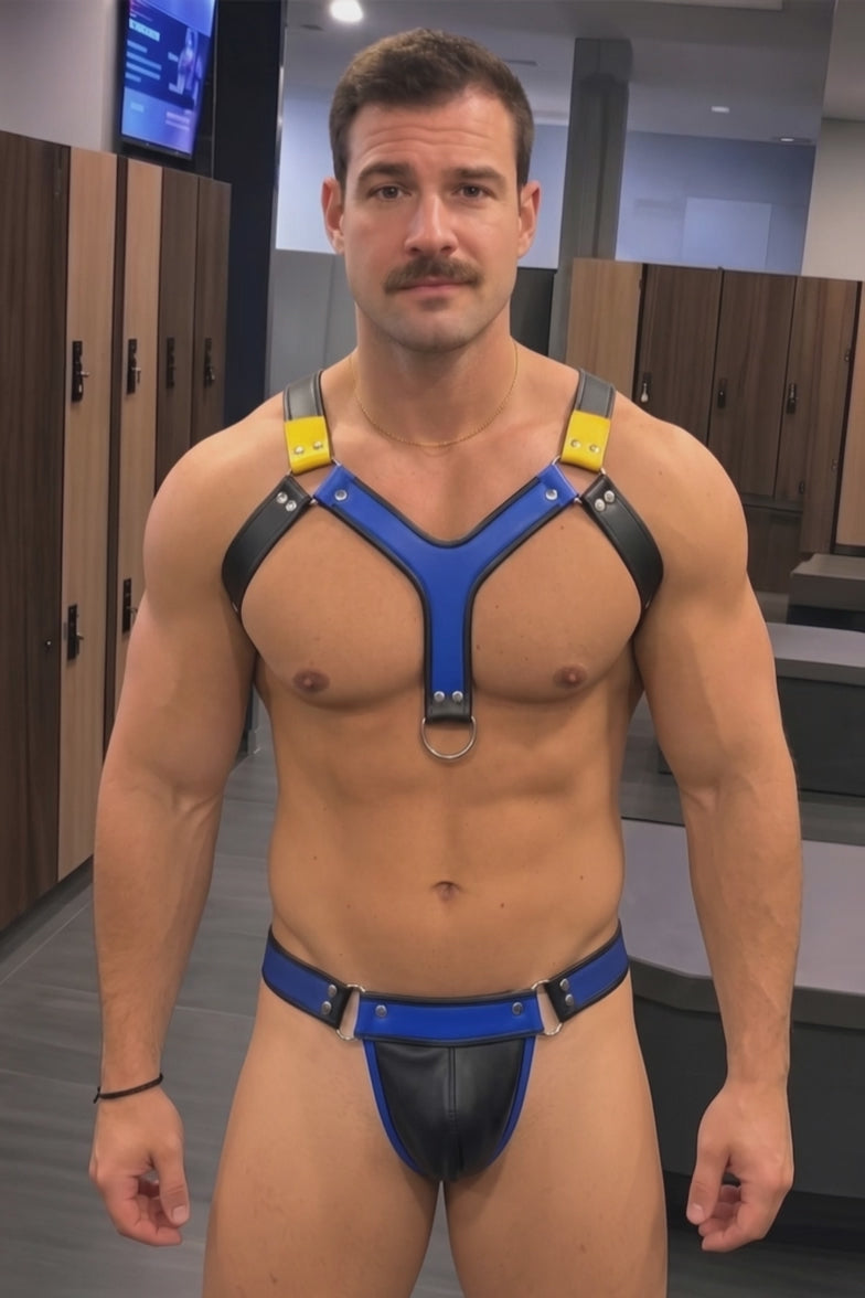 Joyglove Men's PU Leather Body Harness Set - Cyberpunk Tri-Color Blue & Yellow Y-Strap Chest Harness with Matching Low-Rise Jockstrap 2-Piece Rave Outfits