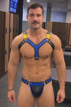 Joyglove Men's PU Leather Body Harness Set - Cyberpunk Tri-Color Blue & Yellow Y-Strap Chest Harness with Matching Low-Rise Jockstrap 2-Piece Rave Outfits