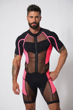 Stealth Cyberpunk Men's Graphic Mesh Bodysuit – Neon Pink Trimmed Active Singlet