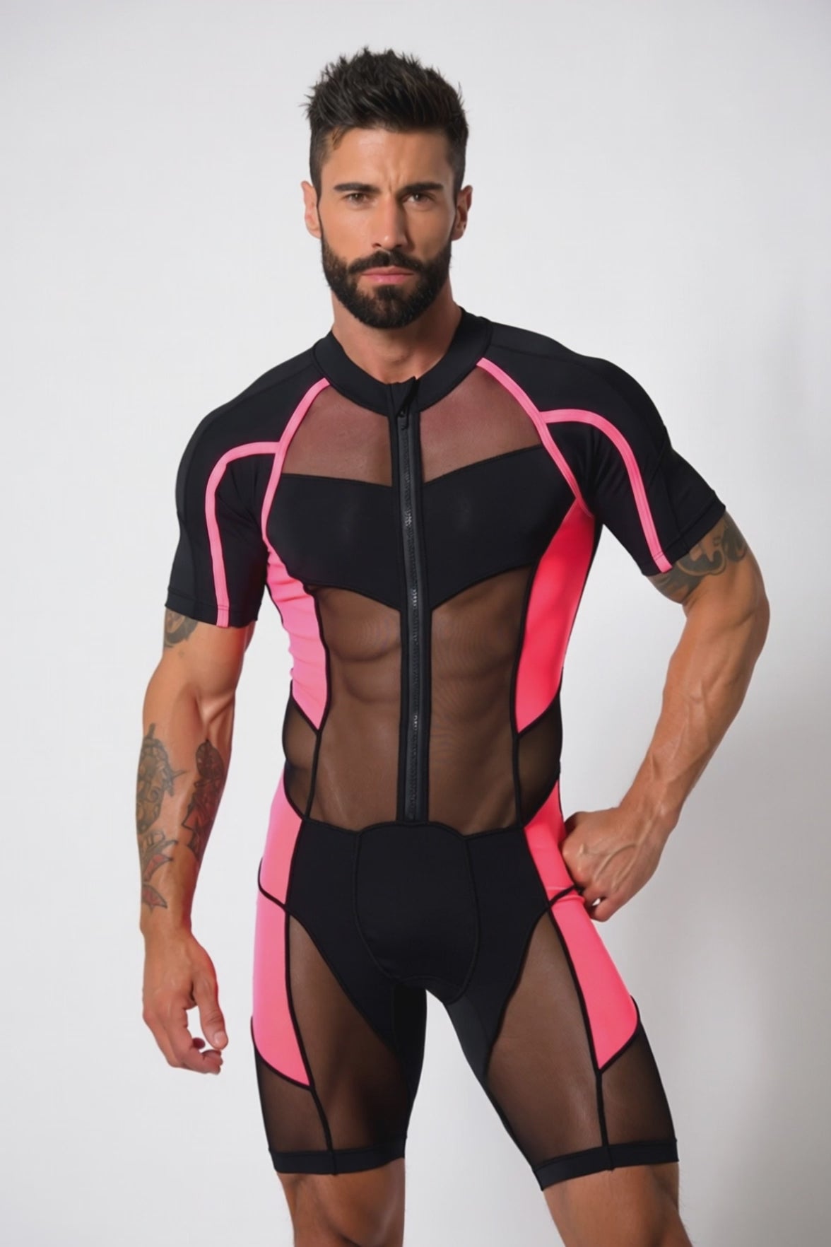 Cyber-Grid Men's Sheer Mesh Wrestling Singlet – Royal Blue Full-Zip Bodysuit