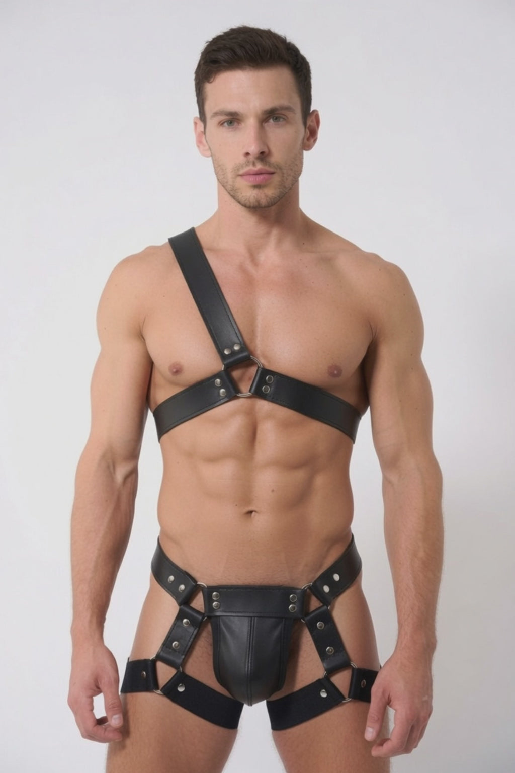 Joyglove Black PU Leather One‑Shoulder Harness + Strappy Jock Set