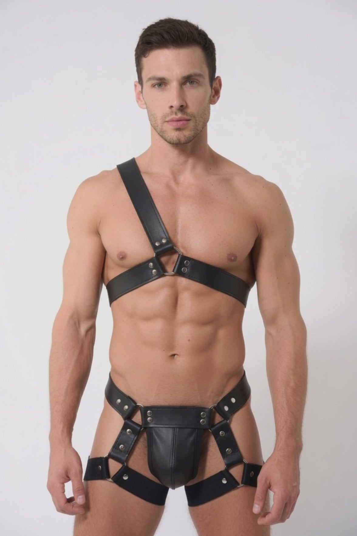 Joyglove Black PU Leather One‑Shoulder Harness + Strappy Jock Set