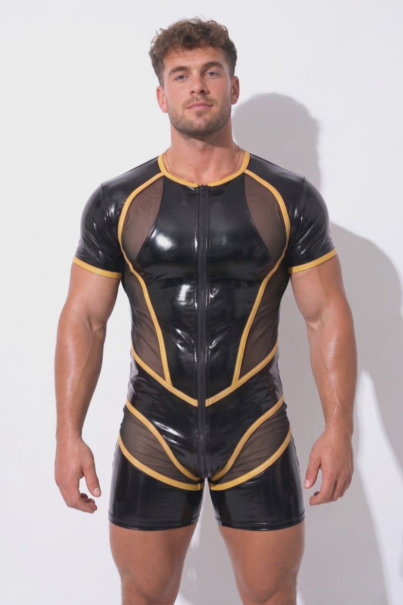 Men's PU Leather and Mesh Short-Sleeve Bodysuit - Gold Piping Front-to-Back Zipper Jumpsuit Festival Rave Wear