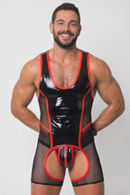 Men's High-Shine PU Leather Bodysuit Singlet - Black Mesh Mesh Patchwork Rave Wrestling Leotard Red Piping Festival Clubwear