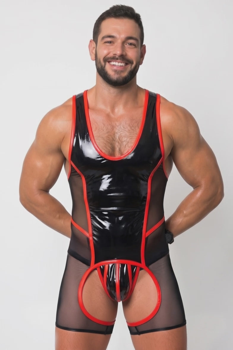Men's High-Shine PU Leather Bodysuit Singlet - Black Mesh Mesh Patchwork Rave Wrestling Leotard Red Piping Festival Clubwear