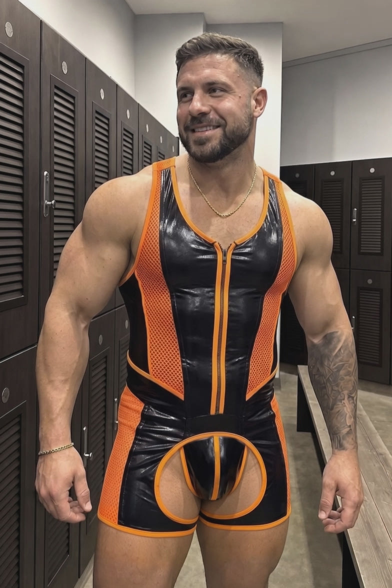 Joyglove Men's High-Shine PU Leather Bodysuit Singlet - Front Zip Black Orange Mesh Patchwork Rave Wrestling Leotard Festival Clubwear