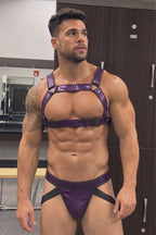 Joyglove Purple Leather BDSM Harness Set for Men - Adjustable Chest Harness with Jockstrap