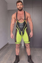 Men's Neon Yellow & Black PU Leather Wrestling Singlet with Breathable Mesh Panels