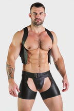 Outlaw Black PU Leather Vest Harness & Lace-Up Chaps Short Set