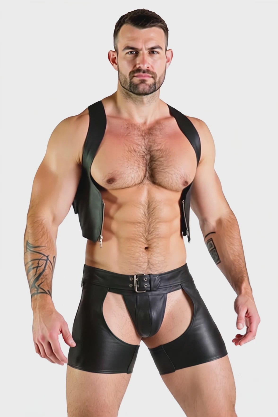 Outlaw Black PU Leather Vest Harness & Lace-Up Chaps Short Set