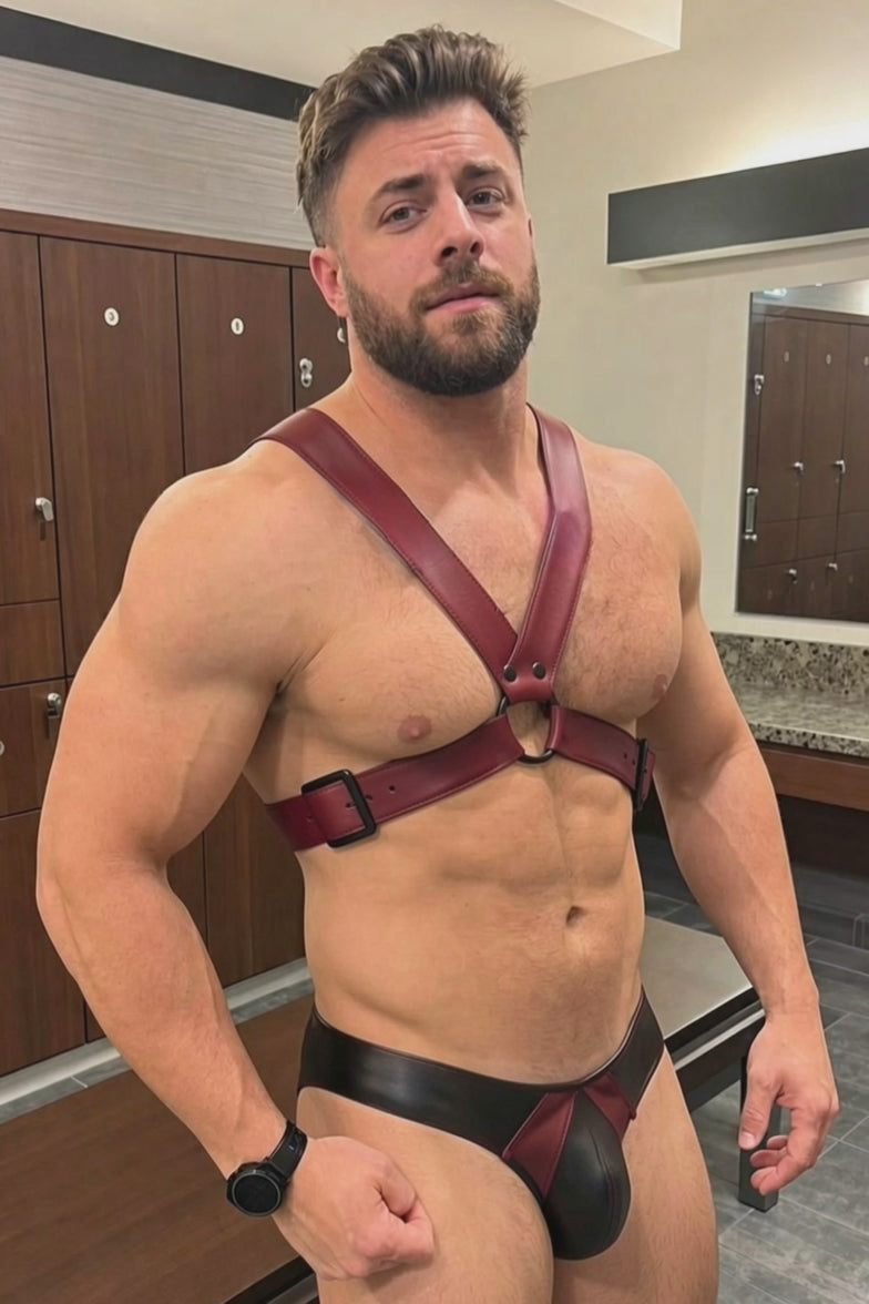 Joyglove Men's PU Leather Body Harness Set - Burgundy Red & Black Gothic Chest Straps with Matching Thong 2-Piece Festival Rave Wear