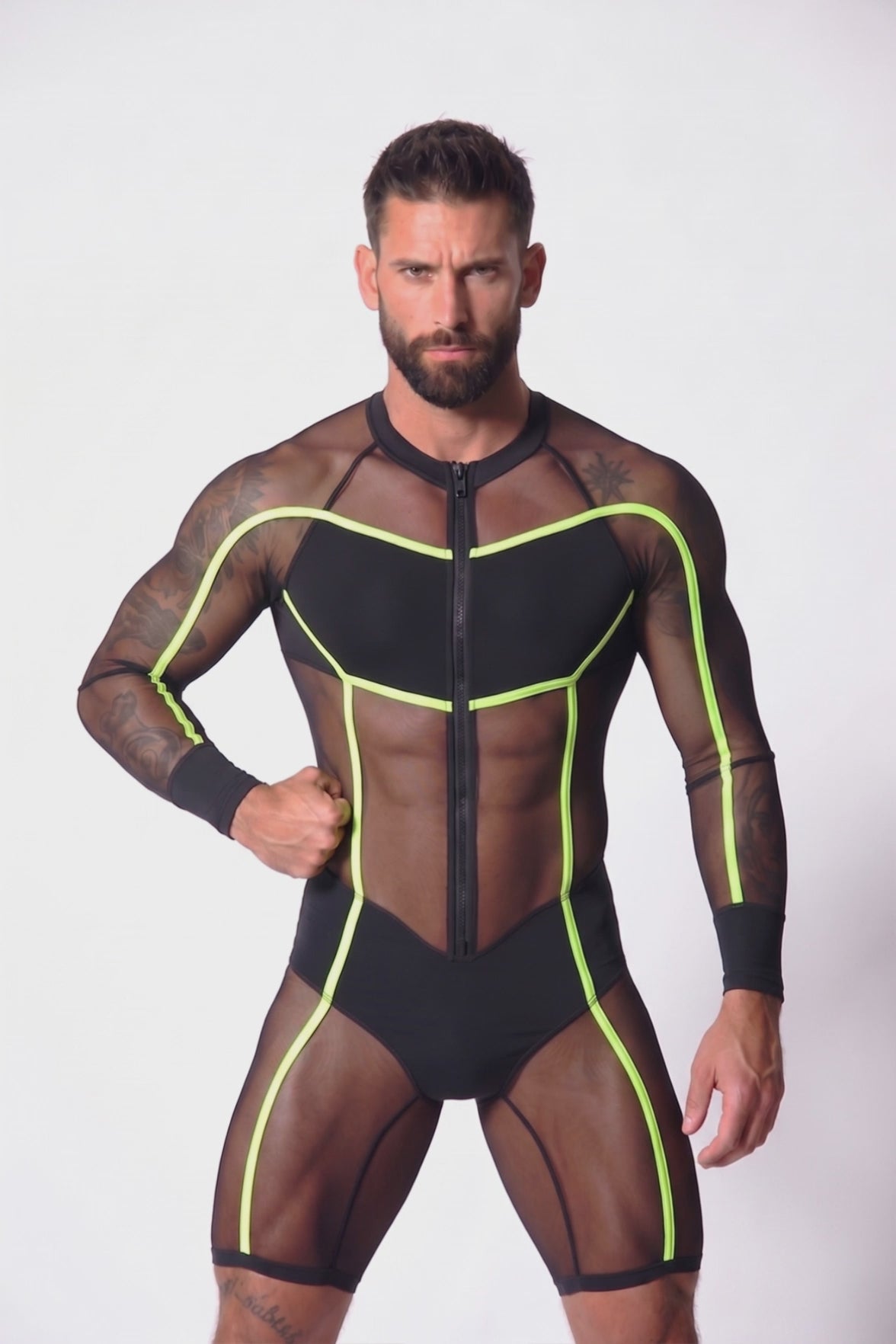 Cyber-Grid Men's Sheer Mesh Wrestling Singlet – Royal Blue Full-Zip Bodysuit