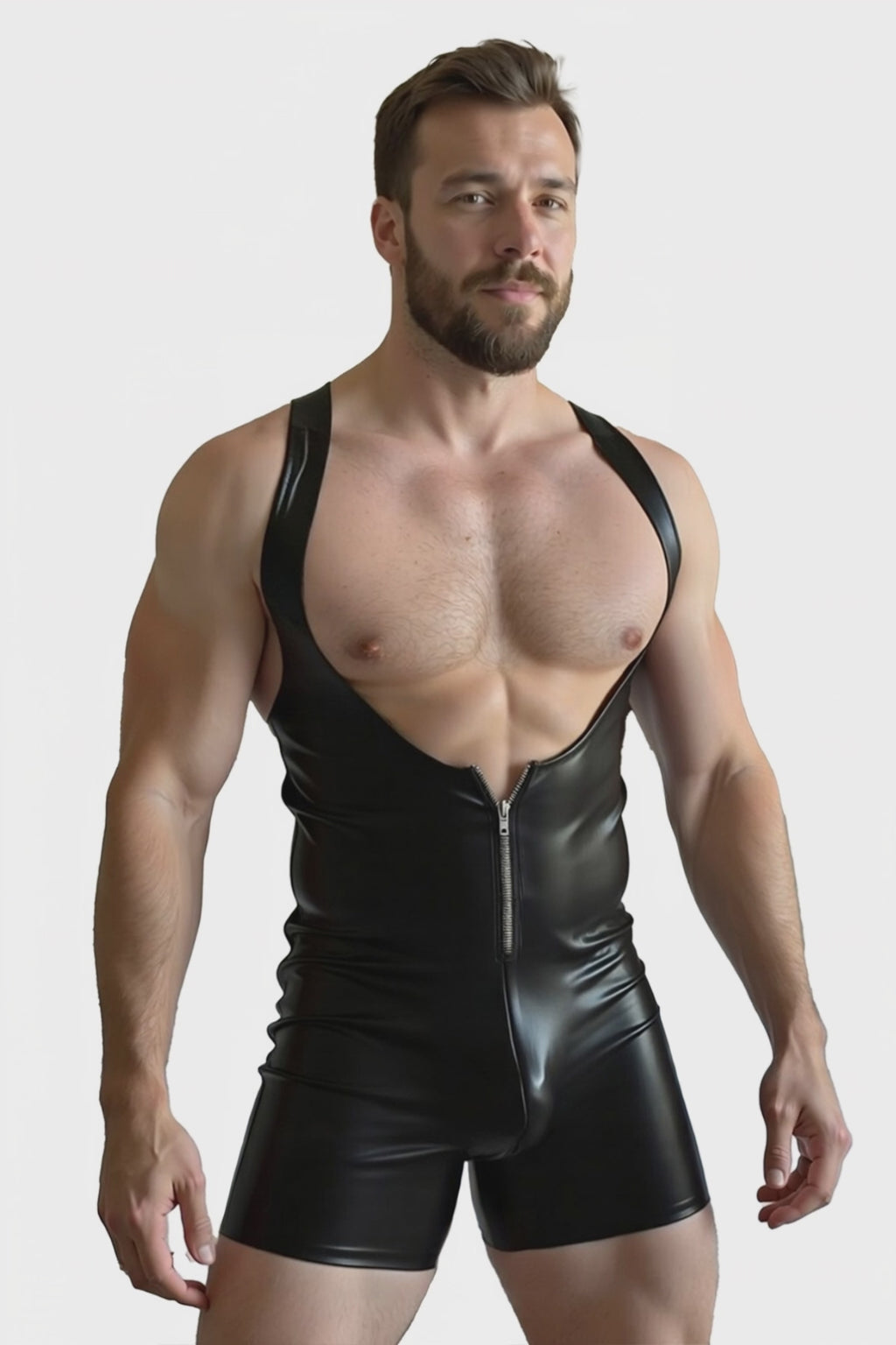 Men's Pink Faux Leather Deep V-Neck Zip-Up Bodysuit