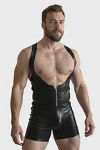 Men's Pink Faux Leather Deep V-Neck Zip-Up Bodysuit