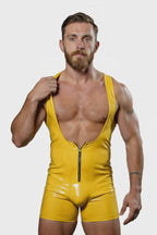 Men's Pink Faux Leather Deep V-Neck Zip-Up Bodysuit