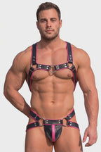 Men's PU Leather and Sheer Mesh Chest Harness Set - Gold Trim Front Zipper Alternative Rave Clubwear 2-Piece