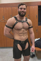 Joyglove Iron Rider PU Leather Harness, Arm Bands & Open-Seat Cutout Shorts Set