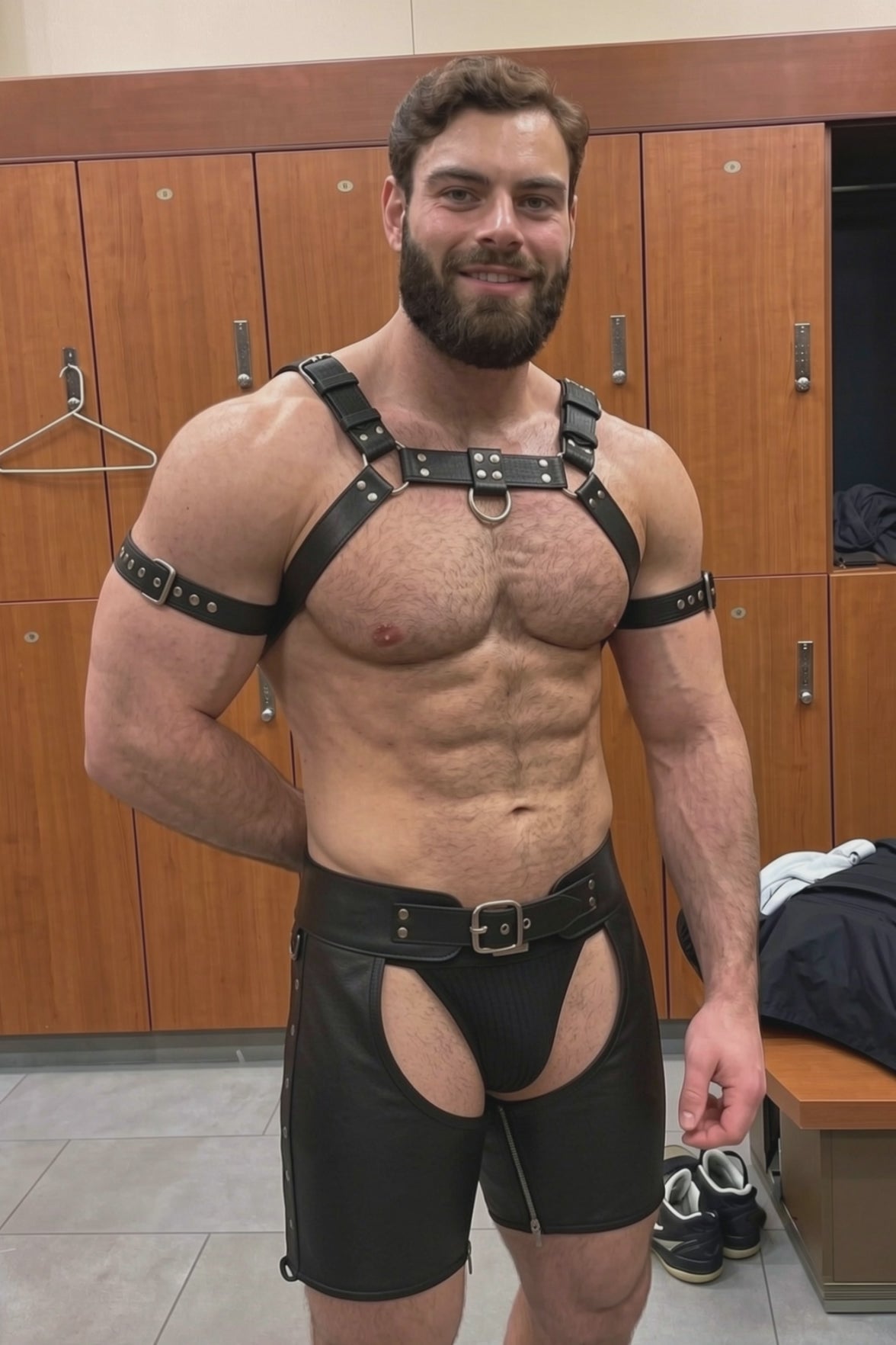 Joyglove Iron Rider PU Leather Harness, Arm Bands & Open-Seat Cutout Shorts Set