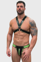 Joyglvoe Men's PU Leather Body Harness Set - Cyberpunk Rave X-Cross Chest Straps with Neon Green Contrast Trim 2-Piece Festival Outfits