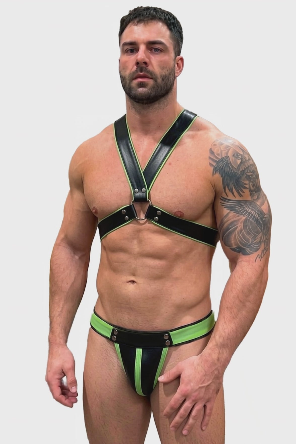Joyglvoe Men's PU Leather Body Harness Set - Cyberpunk Rave X-Cross Chest Straps with Neon Green Contrast Trim 2-Piece Festival Outfits