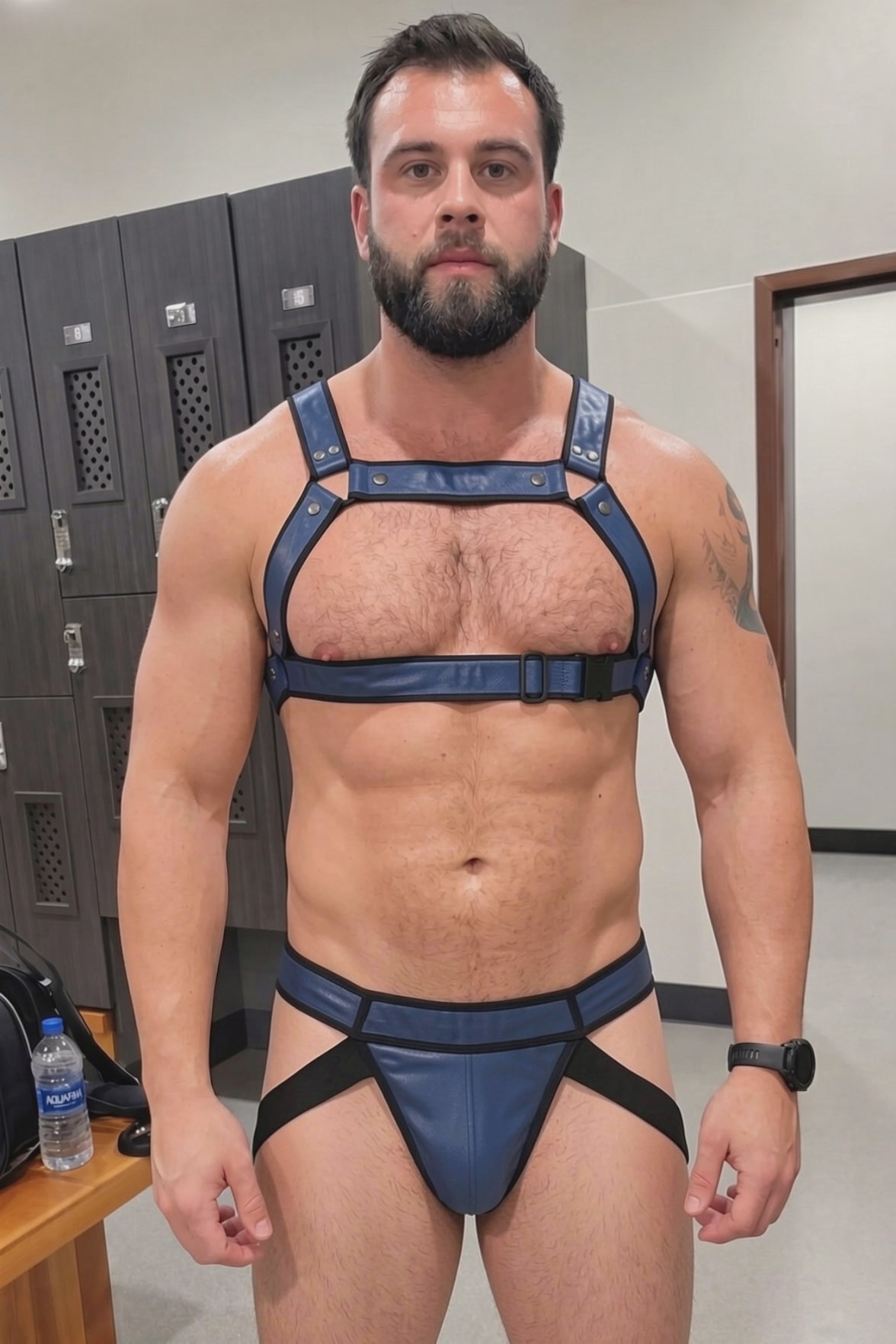 Joyglove Men's Blue Leather Harness Set – Adjustable Chest Strap Harness & Minimal Jockstrap
