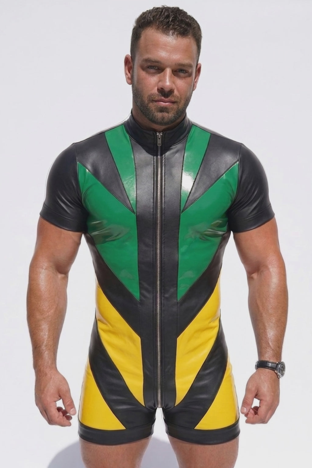 Men's Short Sleeve PU Leather Bodysuit - Front Full Zipper Chevron Patchwork Mock Neck Jumpsuit Wrestling Singlet Rave Festival Clubwear