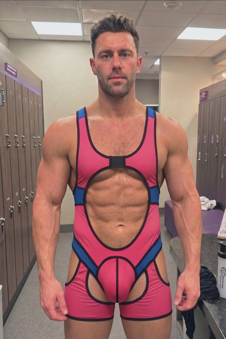 Joyglove Men's Cutout Wrestling Singlet - Synthwave Pink & Blue Mesh Wrestling Leotard Cyberpunk Rave Bodysuit