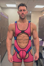 Joyglove Men's Cutout Wrestling Singlet - Synthwave Pink & Blue Mesh Wrestling Leotard Cyberpunk Rave Bodysuit