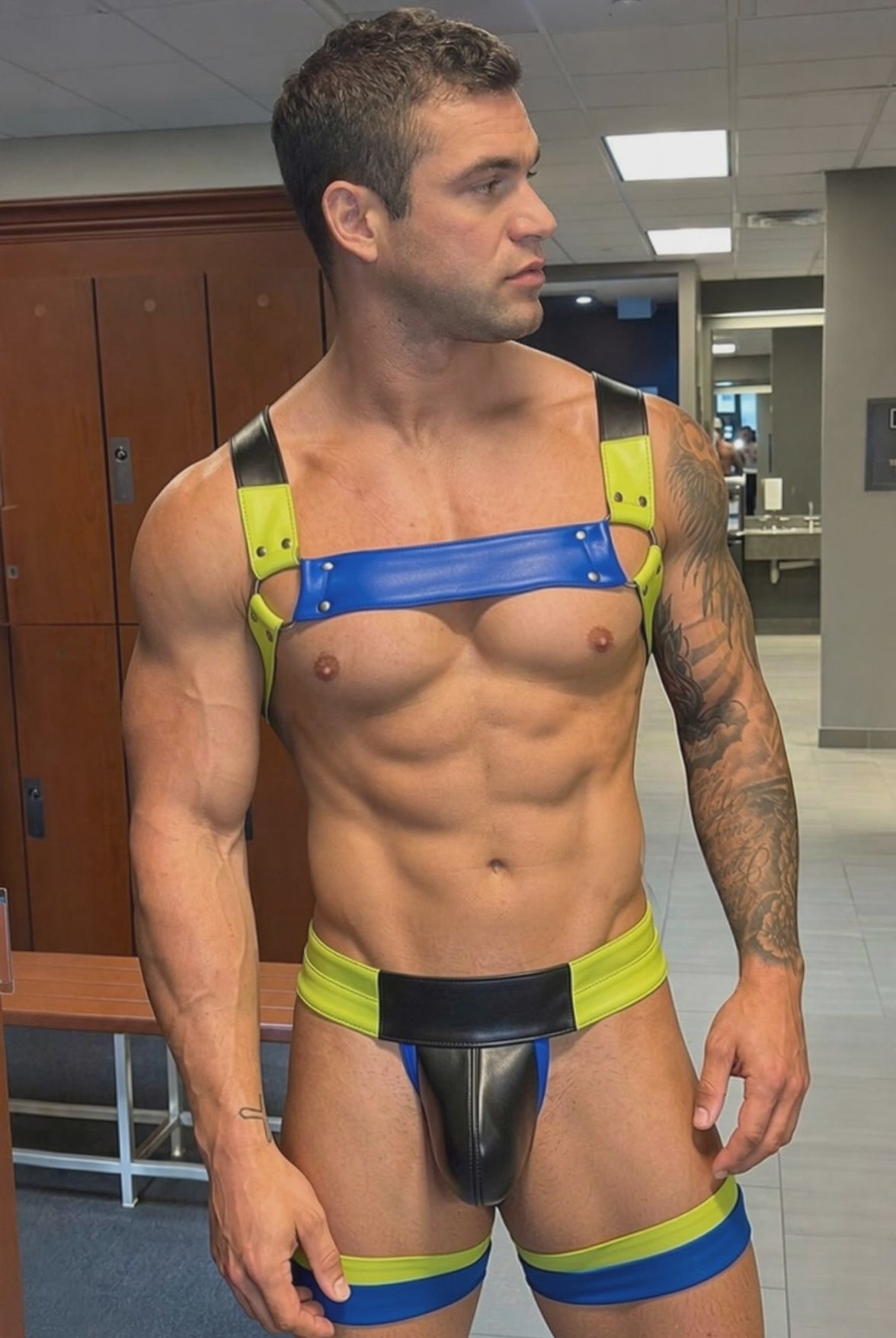 Joyglove Men's PU Leather Body Harness Set - Cyberpunk Tri-Color Blue & Lime Yellow Straight Chest Straps with Matching Thigh Ring Bottoms 2-Piece Festival Outfits