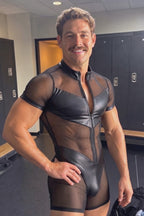 Stealth Onyx Men's Sheer Mesh Short-Sleeve Bodysuit – Contoured Leather-Trimmed Singlet