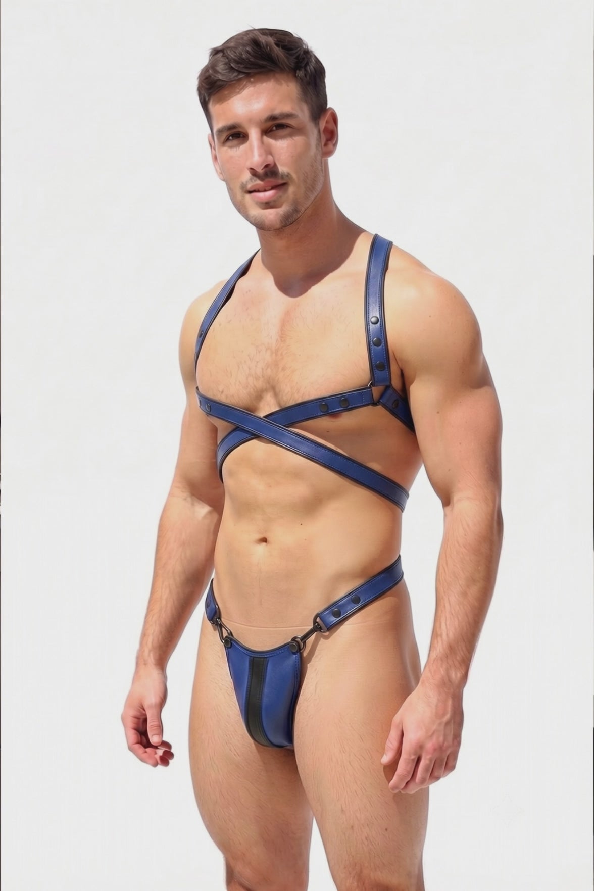 Joyglove Blue Leather BDSM Harness Set for Men - Adjustable Criss-Cross Chest Harness with Jockstrap