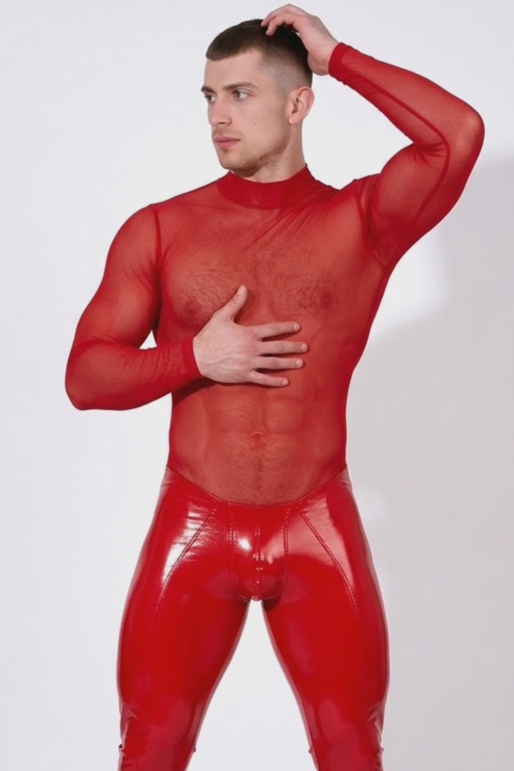 Men’s Red One-Piece Bodysuit – Sheer Mesh Top + Shiny PU Leather Bottom, Back Zip