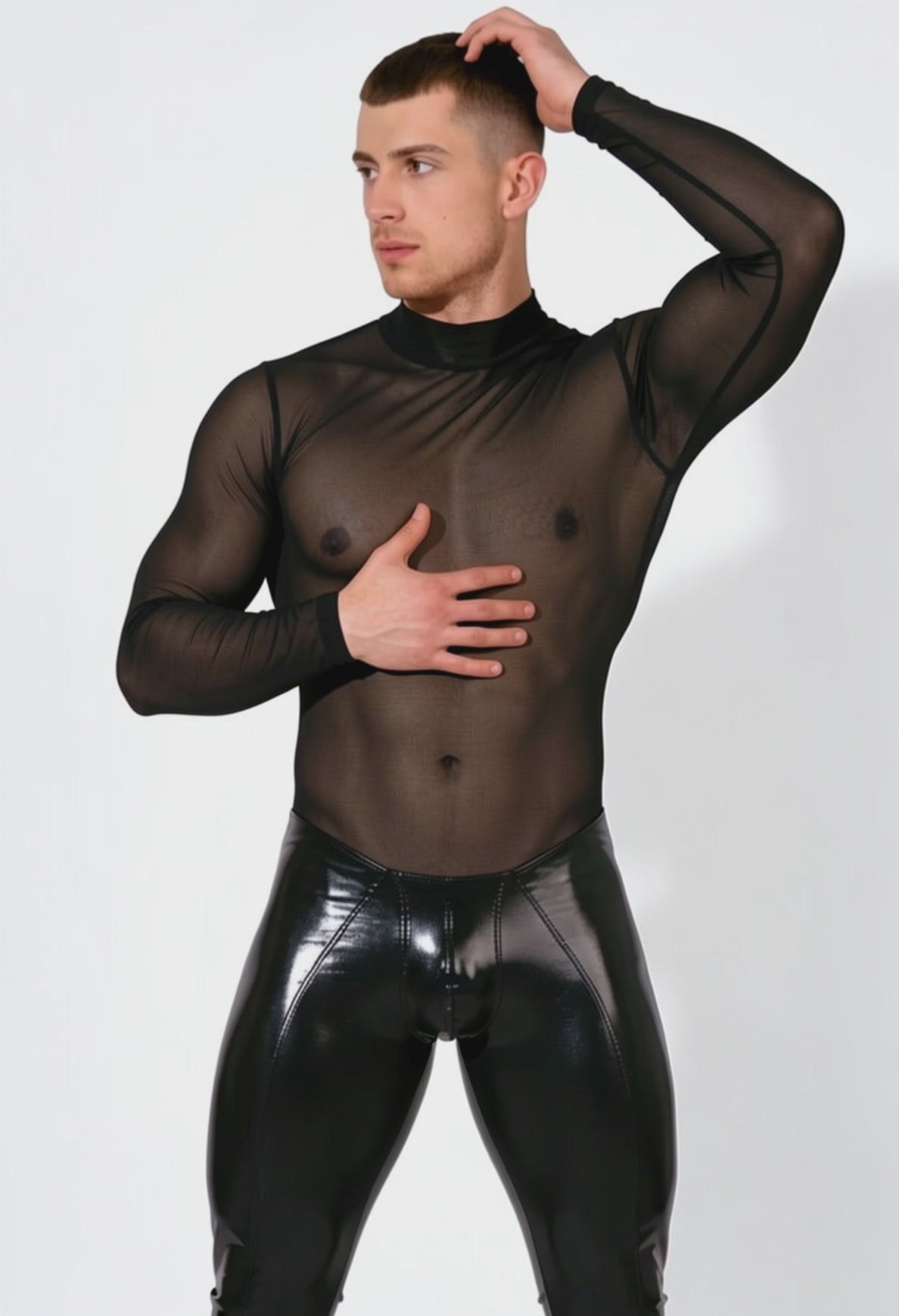 Men’s Red One-Piece Bodysuit – Sheer Mesh Top + Shiny PU Leather Bottom, Back Zip