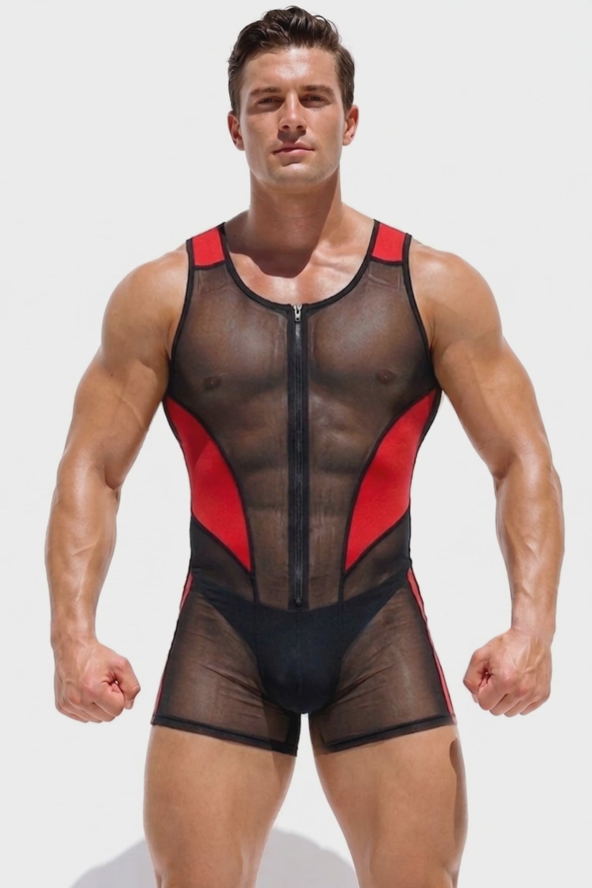 Apex Nitro Men's Sheer Mesh Wrestling Singlet – Red Contrast Neon Rave Bodysuit