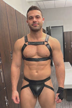 Joyglove Men's All-Black PU Leather Body Harness Set - Cyberpunk Stealth Dual Straight Chest Straps with Matching Low-Rise Jockstrap 2-Piece Rave Outfits