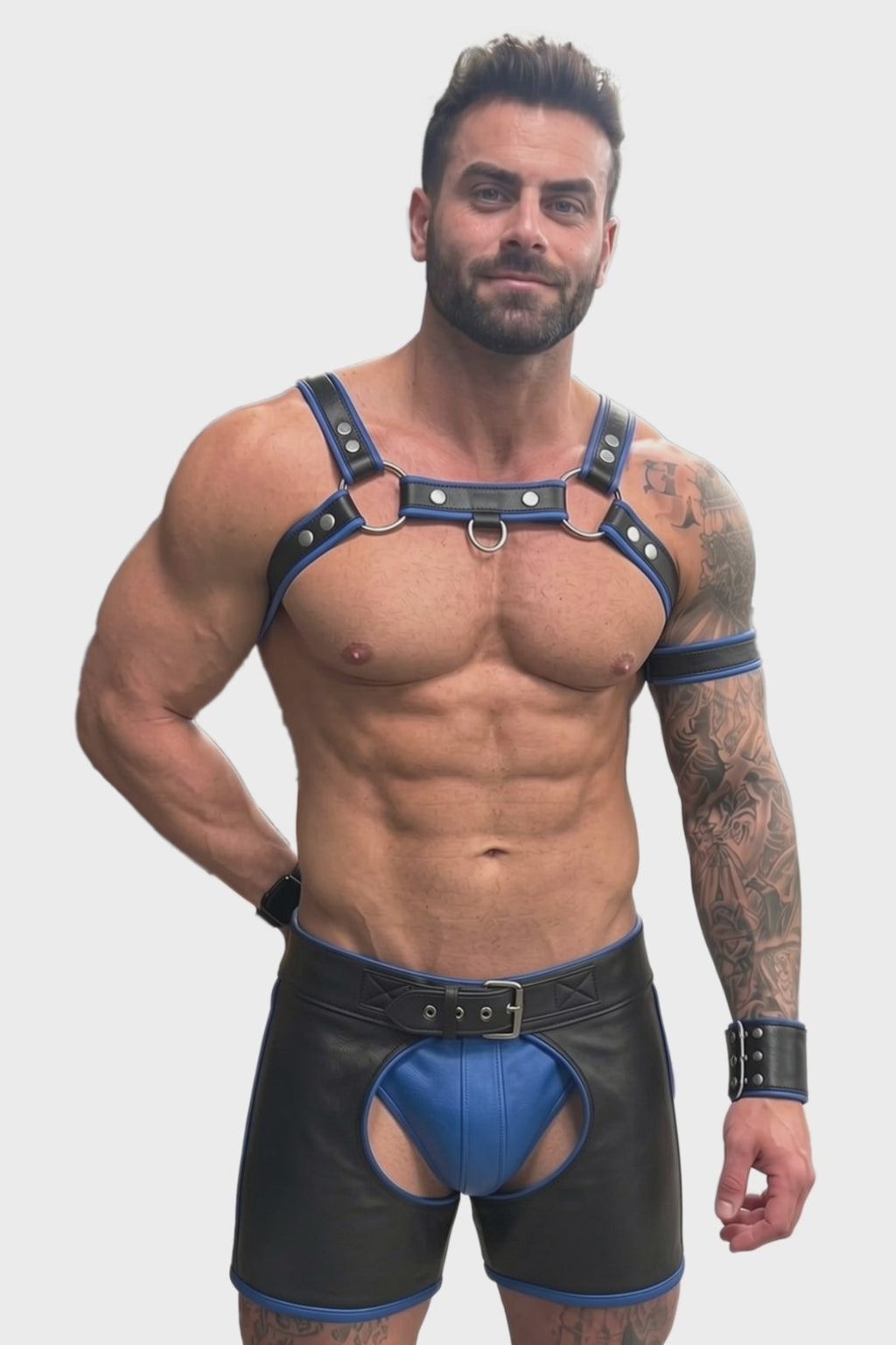 Joyglove Cobalt Force 5-Piece PU Leather Harness Set with Arm Band, Wrist Cuff & Cutout Shorts