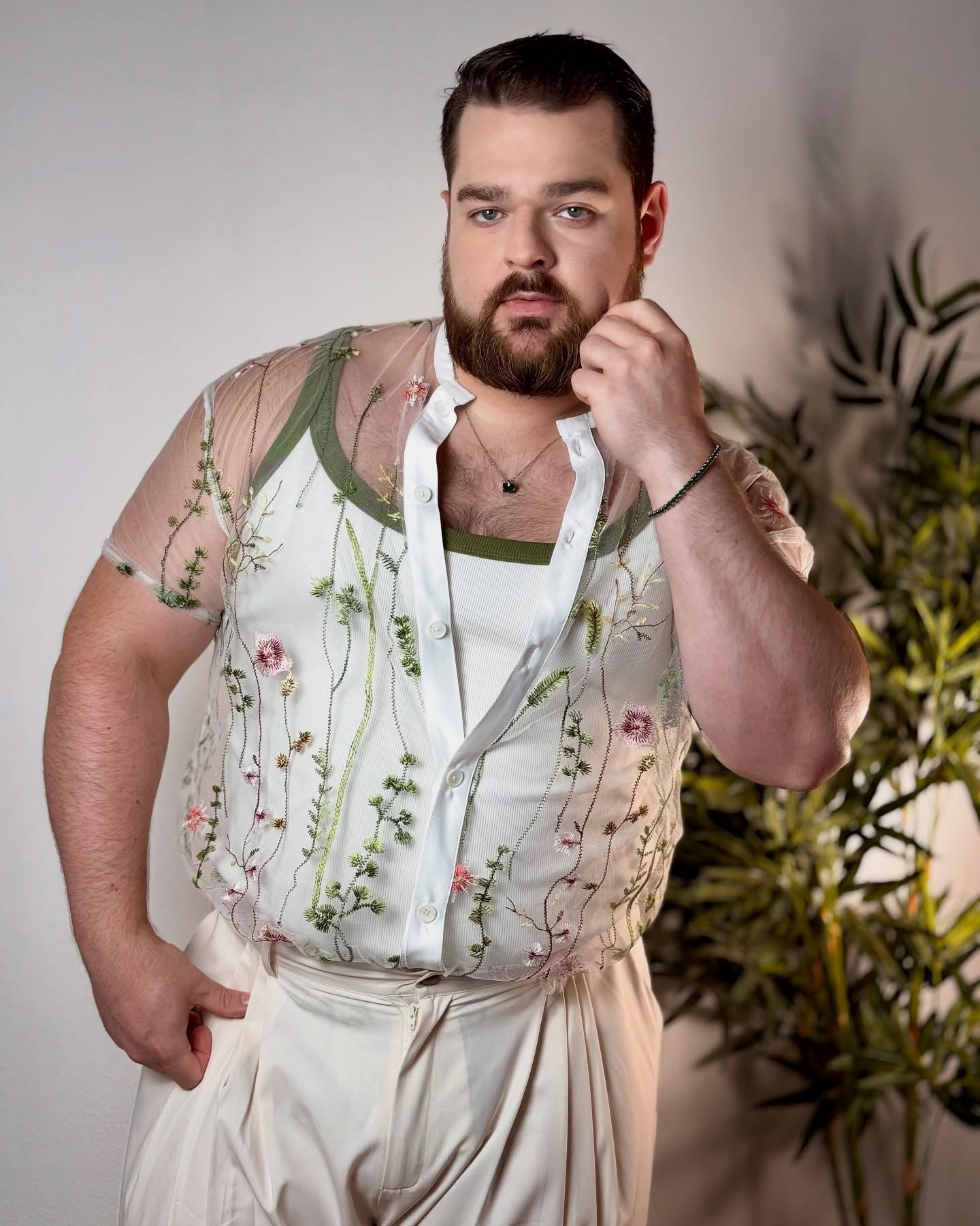 JoyLgbt Men's Sheer Floral Embroidery Short Sleeve Shirt	