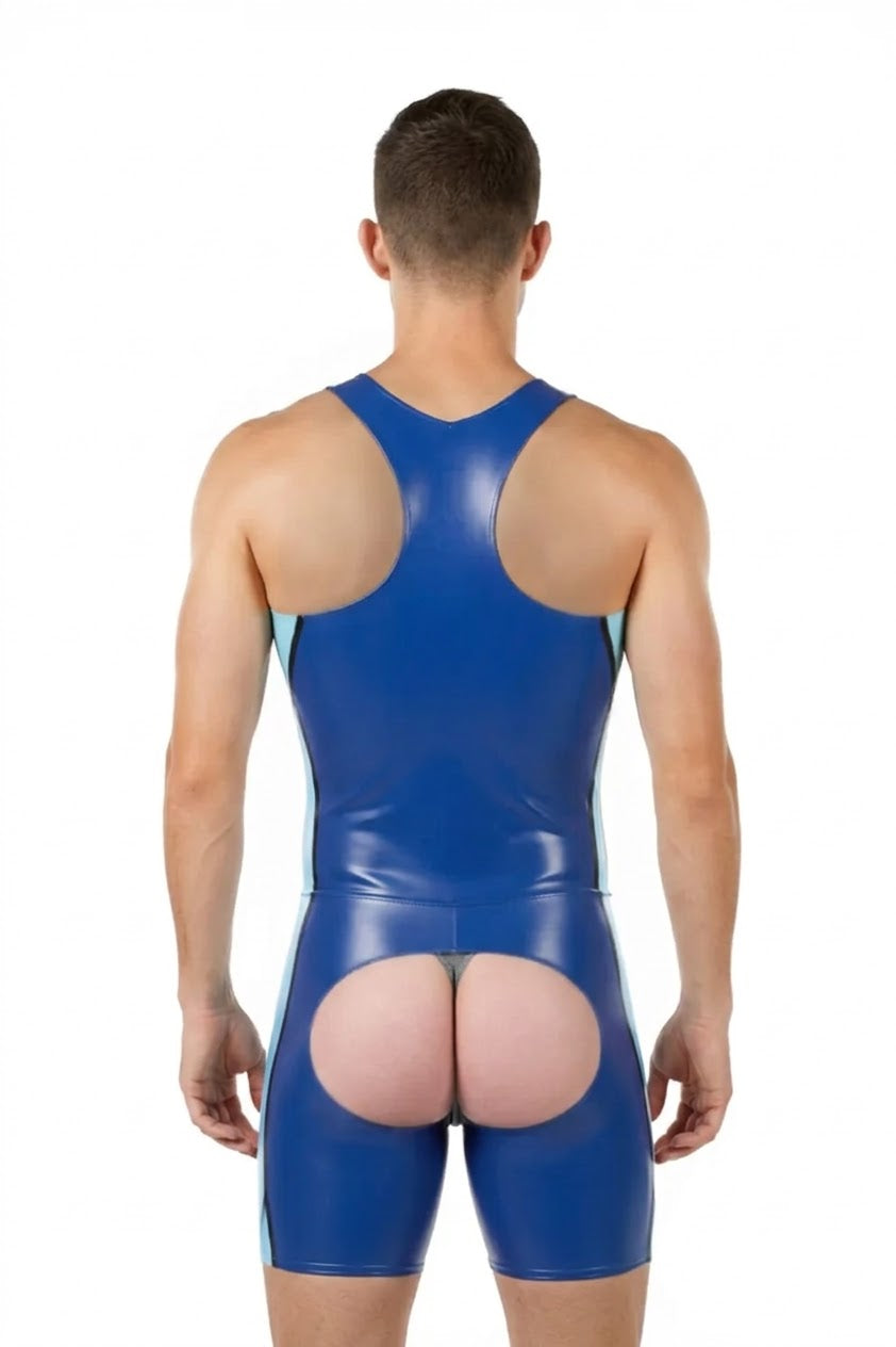 Joyglove PU Leather Bodysuit with Unique Back Cutout - Blue and Light Blue